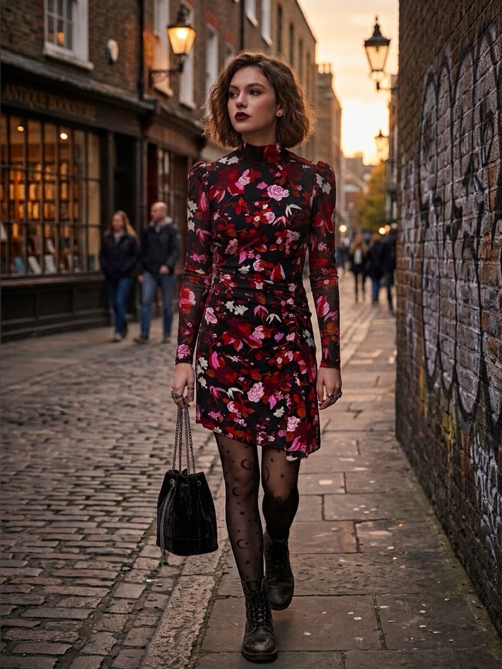 ALC Black Floral Silk Stretch Mock Neck Long Sleeve Mini Dress - US 2 / XS NWT